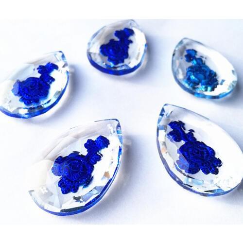 12pcs Blue Crystal Rose Chandelier Pendants 50mm DIY Lamp Accessory Engraved flower pattern By Handmade For Wedding Decoration