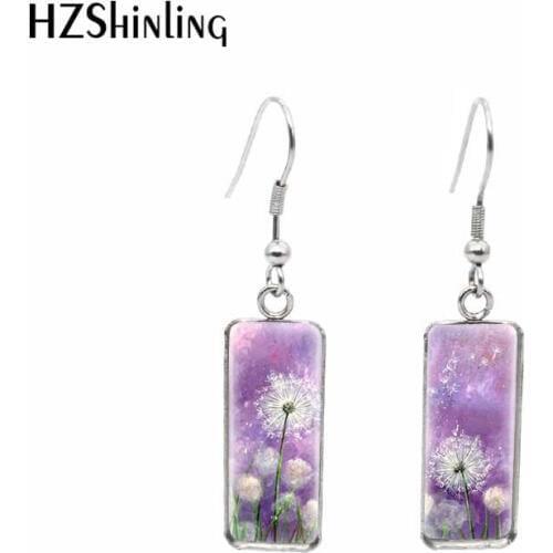 2020 New Dandelion Painting Rectangular Earring Flower Art Pattern Glass Hook Earrings Jewelry Gifts Women