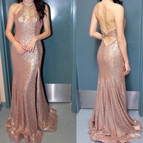 2021 Shinning Rose Gold Sequined Halter Cheap Prom Dresses Side Split Mermaid Evening Gowns Sexy Backless Girls Party Wear