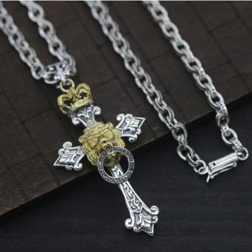 S925 Sterling Silver Powerful Cross Retro Thai Silver Pendants Personality Crown Lion Ring Men And Women Fashion Pendants