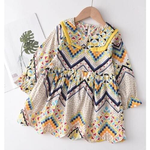 Menoea Girls Autumn Dress 2020 New European & American Style Kids Geometry Long Sleeve Lapel Casual Dresses Costume 2 7 Years