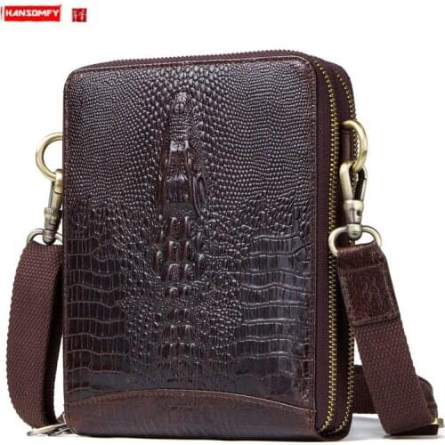 Fashion Mens Leather Messenger Bag Crocodile Grain Leather Shoulder Bag Mini Mobile Phone Men Bag