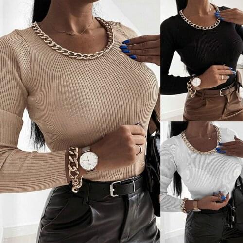 Fashion Women Spring Autumn Blouse Chain Decor O-Neck Long Sleeve Solid Sexy Party Slim Pullovers Tops Leisure Lady Sweater