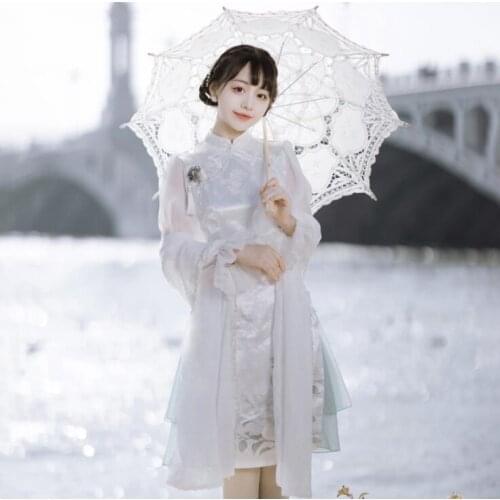 Original Design The Flower in the Mirror Womens Chinese Style Chipao Cheongsan Dress Long Sleeve One Piece & Scarf