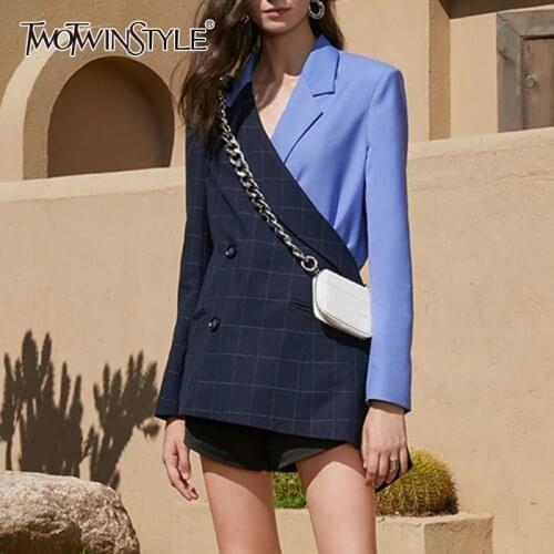 TWOTWINSTYLE Patchwork Hit Color Coat For Female Lapel Collar Long Sleeve Loose Womens Casual Coat Fashion Streetwear 2021