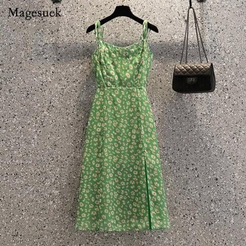Summer Print French Style Split Daisy Women Elegant Dress New Dress Sleeveless A-line Camisole Dresses Vestido Feminino 15103
