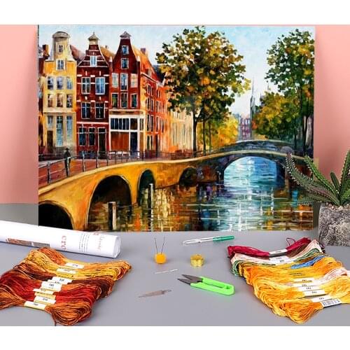 The Gateway To Amsterdam Printed Canvas 11CT Cross Stitch Embroidery Complete Kit DMC Threads Handmade Handiwork Jewelry