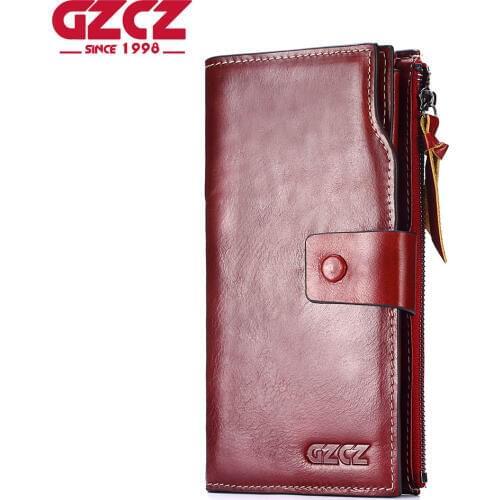 GZCZ Genuine Leather Slim Wallet Coin Purse Women Walet Female zipper Card Holder Long Vallet Clutch Portomonee Red clutch Handy