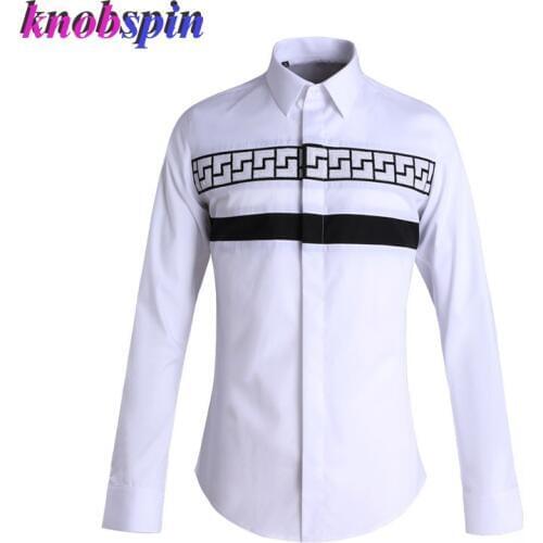 Fashion Beads Patchwork Mens Long sleeve Shirt Casual Slim business male dress Shirts Plus size M-4XL Cotton Camisas masculina