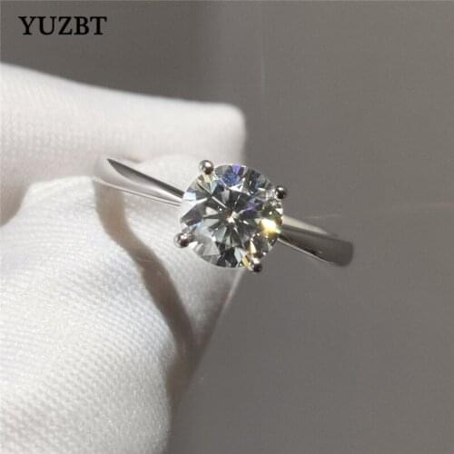 YUZBT Women 925 Silver 1 Carat Round Excellent Cut Gemstone Ring Diamond Test Past D Color Moissanite 4 Prongs Wedding Ring Gift
