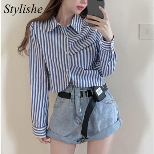 Striped Crop Blouse Women Long Sleeve Casual Ruched Asymmetric White Shirt Female Spring Autumn Harajuku Button Up Crop Top