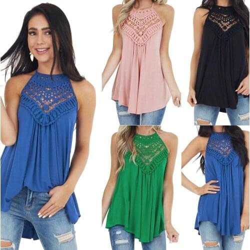 Summer Women T-Shirts Sleeveless Lace Solid Color Sexy Hollow Out Patchwork Loose French Style Autumn Female Blouse C2700