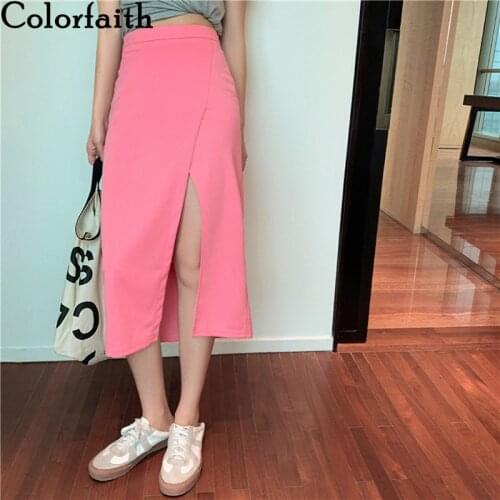 Colorfaith New 2021 Spring Summer Women Skirts Straight Package Hip Sexy Vintage Split Elegant Ladies Long Pink Skirts SK30191