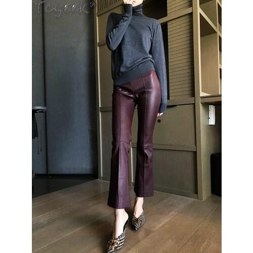 Quality High 200% Sheepskin Leather Pants Women Korean Flare Pants Spring Autumn Womens Trousers Femme Pantalon 992