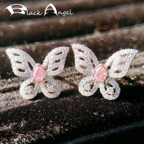 BLACK ANGEL 2021 New Shiny White Pink Crystal CZ Cute Butterfly 925 Sterling Silver Stud Earrings For Women Insect Jewelry Gift