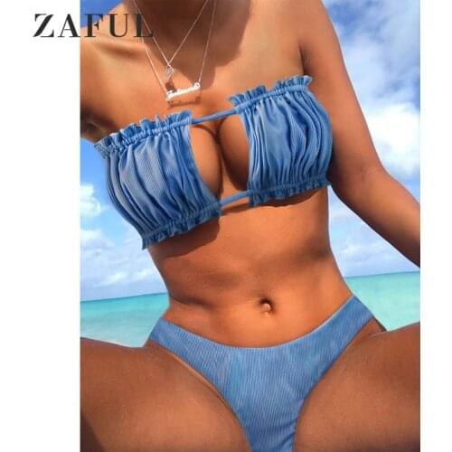 ZAFUL Women Swimwear Ribbed Tie Cutout Bandeau Swimsuit Strapless Ruched Sexy Brazilian Female Bikinis Set Bathing Suit 2021