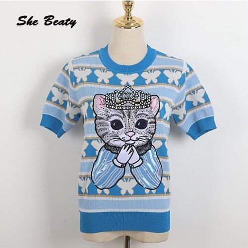 She Beaty Knitted Pullvoers Women O-Neck Short Sleeve Embroidery Cat Korean Fashion Lovely Traf Sweater Jumper Streetwear Top Za