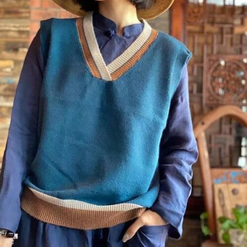Johnature Vintage 2021 Autumn V-neck Women Patchwork Sweaters Vests New Loose Female Solid Color Retro Casual Knitted Sweaters