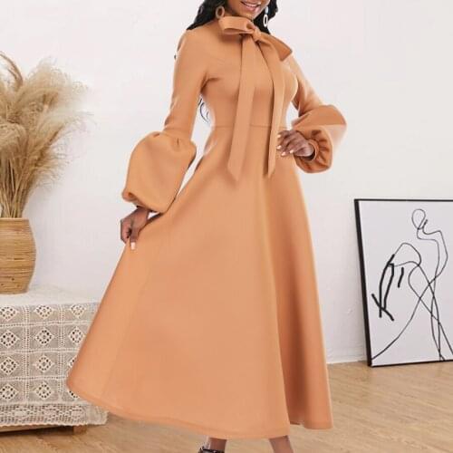 Women Party Dresses High Waist A Line Long Lantern Sleeve with Bowtie Collar Midi Celebrate Event Occasion Vestidos Female Robes