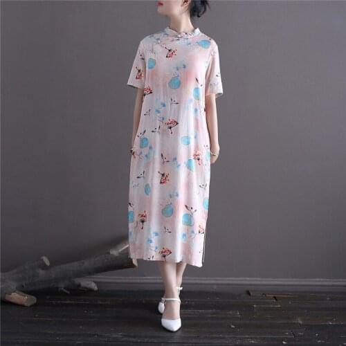 Johnature Summer Cheongsam Women Vintage Print Floral Dresses 2021 New Stand Short Sleeve Cotton Linen Women A-Line Dresses