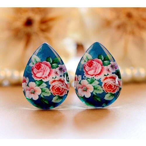 10pcs 18x25mm Teardrop Glass Beads Cabochon DIY For Tray Pendant setting finding-(Flower)-(HPGC-T-112)