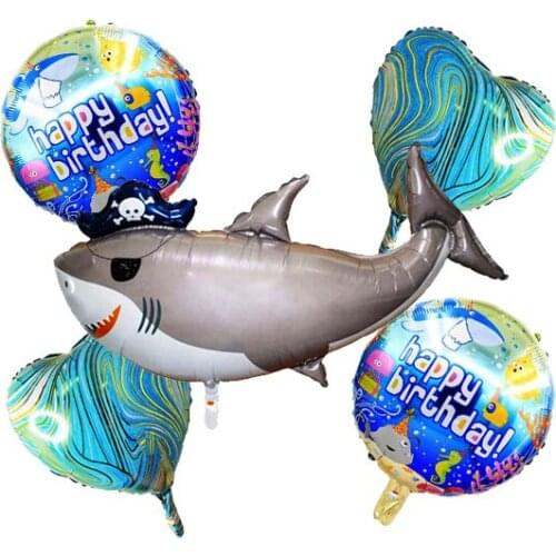 5 PCS Pirate Shark Balloons Kit 2 Pcs 18 Inch Birthday Shark Mylar Balloon & 2 Pcs 18 Inch Agate Heart for Shark Theme Birthday