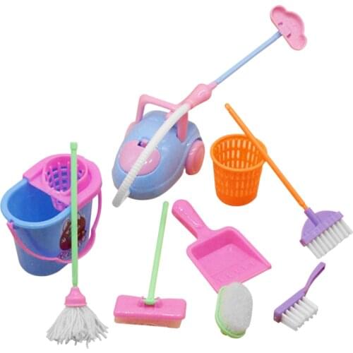 9pcs/set Mini Pretend Play Mop Broom Toys Cute Kids Cleaning Furniture Tools Kit House Clean Toys Color Random