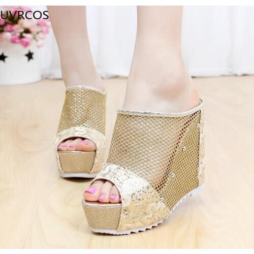 Wedge heel fishmouth sandals thick sole super high heel slippers spring and summer lace hollowed-out womens shoes trend