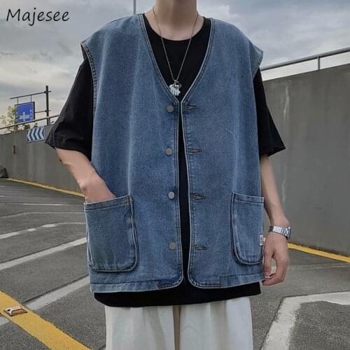 Men Japanese Style Vests Retro Denim V-neck High Quality Students Outwear All-match Solid Simple Males Waistcoats Leisure Trendy
