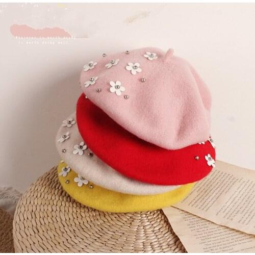 FOCUSNORM 11 Colors Kids Girls Woolen Hat Flowers Printed Beanie Beret Knitted Hat for Spring Autumn Winter
