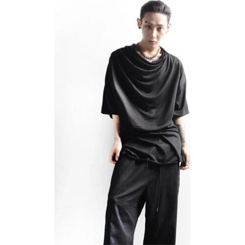 Mens summer classic black versatile loose side zipper personality large size short sleeve T-shirt