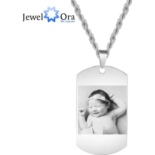JewelOra Personalized Stainless Steel Photo Necklace for Women Custom Engraving Name & Date Pendants for Men Anniversary Gifts