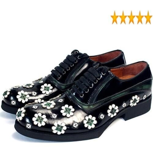 Leather Designer Floral Genuine Men Handmade Lace Up Oxford Brand Wedding Party Office Flat Dress Shoes Plus Size