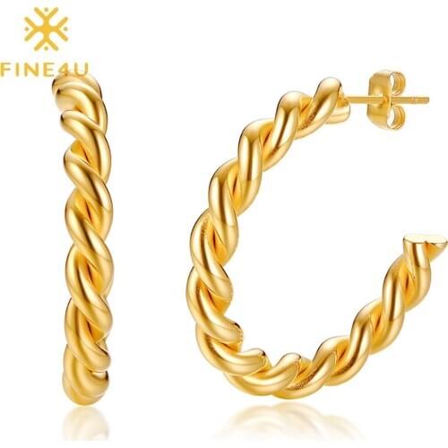 FINE4U E275 30mm Gold Color Twisted Rope Round Hoop Earrings Stainless Steel Open Cuff Hoops Hypoallergenic Jewelry