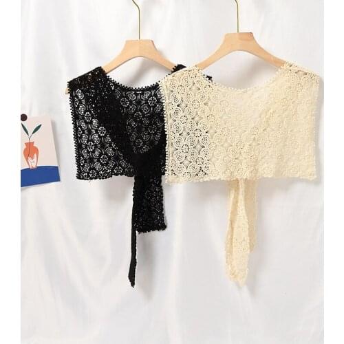 Lace Hollow Fake Collars Women Knitted Detachable Collar Pure Color Woolen Neck Shawl Shoulder Sweater False Collar Accessory