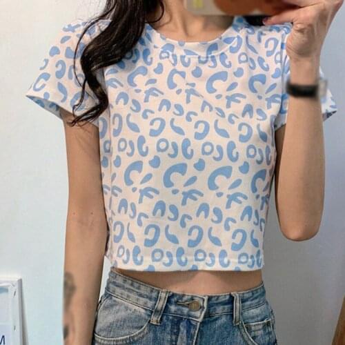 Fashion Slim Top for Women Summer Korean Short Sleeve Leopard Print Short T-shirt Casual Summer Beach Wear