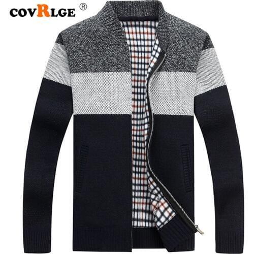Covrlge Mens Turtleneck Sweater Plus Velvet Thick Male Cardigan Fashion Mens Zipper Sweater 2019 Winter New Knit Jacket MWK003