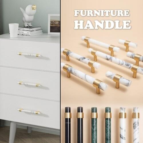 Nordic Style Marble + Brass T Bar Cabinet Handle Kitchen Cupboard Door Pulls Furniture Drawer Handle Dresser Knob Hardware