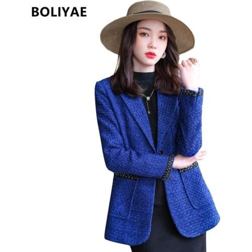 Boliyae 2021 Autumn and Winter New Suit Coat Women Fashion Tweed Plaid Jacket Casual Single breasted Long Sleeve Blazer Tops