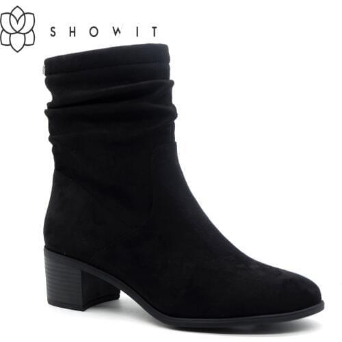 New Arrival Fashion-savvy Black Pleated style Womens boot hoof heel Middle Heel Ankle Boots With Round Toe Zip soft shoes