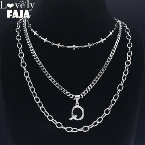 Punk Q Stainless Steel 3 Letter Layer Pendants Necklaces for Women/Men Cross Fashion Jewelry 2021 chaine inoxydable NXS03