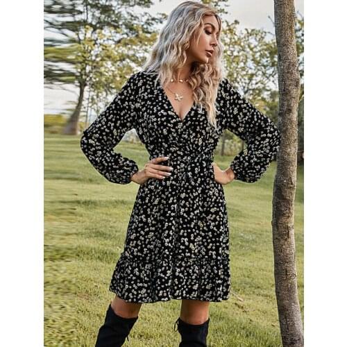 Spring/Summer Boho Black A Line V neck Regular Sleeve Ditsy Floral Print Ruffle Hem Belted Dress Wrap, Frill, Ruffle Hem, Belte