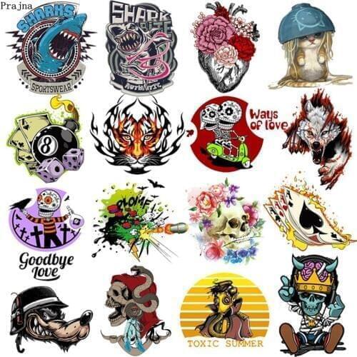 Prajna Skull Patches Iron On Heat Transfer Vinyl Thermal Stickers Heat Transfer For Clothes Stripe Punk Biker Patch Applique DIY