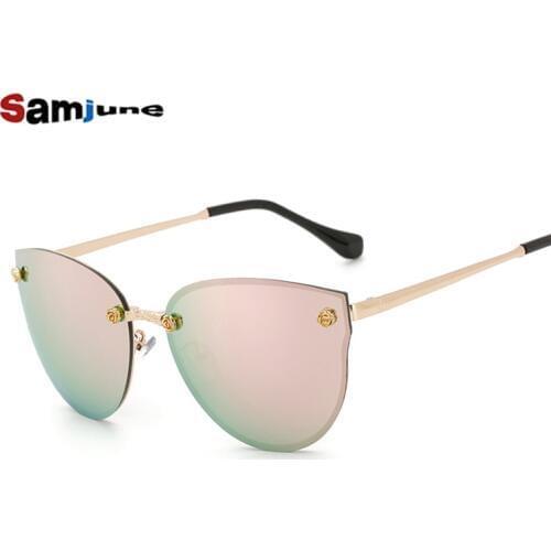 Samjune Vintage Women Cat Eye Sunglasses Women Mirror Retro Cateye Sun Glasses Shades Pink Rose Gold Metal Oculos lunette 2242