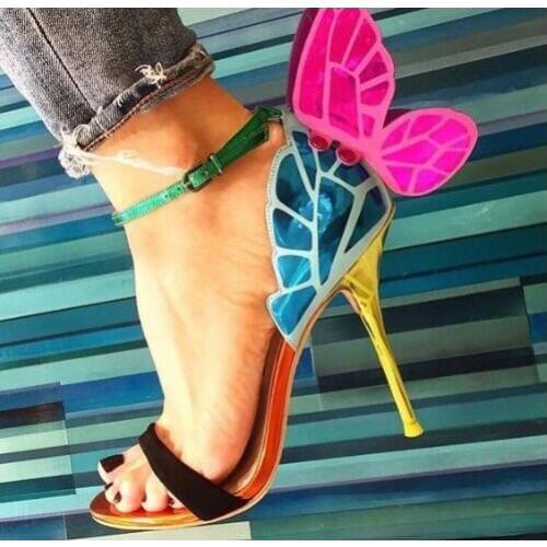 Gorgeous Colorful Butterfly Stiletto High Heels Sandals Shoes Open Toe Sexy Fashion Pumps Shoes Angel Wings Leather Shoes