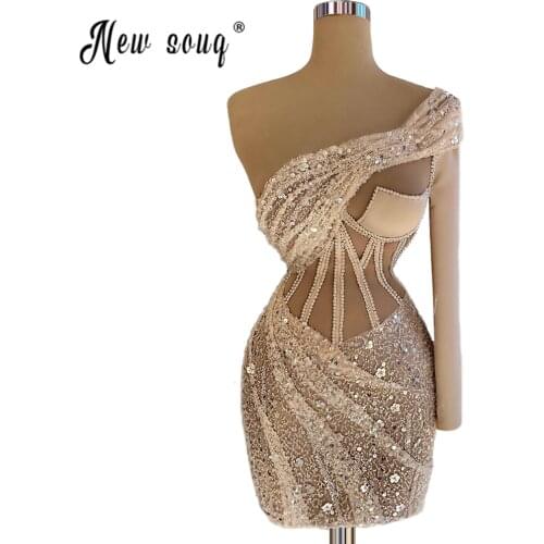 Sexy One Shoulder Sequined Cocktail Dresses 2021 Light Champagne Beaded Formal Gown Party Custom Size African Robes