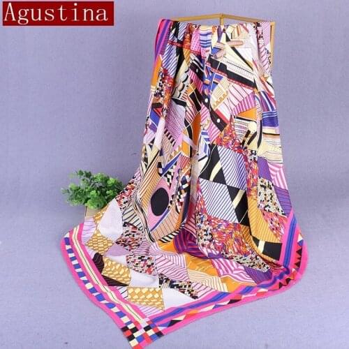 Silk Fashion Women Scarf Luxury Brand Hijab Silky Satin lattice Shawl Foulard Square Navy blue Head Scarves Wraps 140*140cm NEW