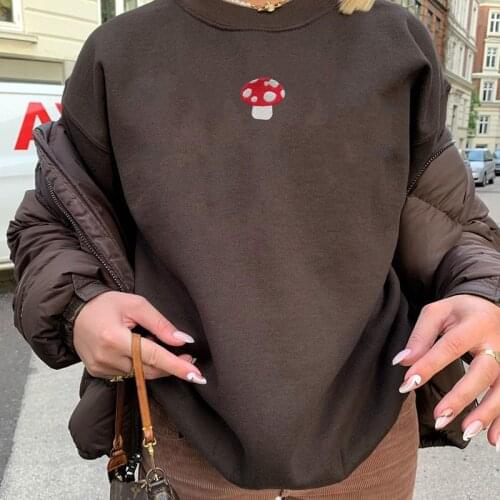 Oversized Women Sweatshirts Streetwear 2021 New Fashion Mushroom Indie Aesthetic 90s Long Sleeve Brown Hoodies Crewneck Clothes