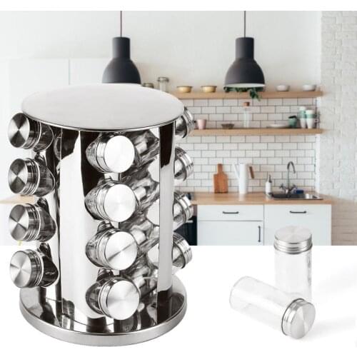 Stainless Steel Rotating Spice Rack Glass 16 Jars Chrome Lid Kitchen Cruet Condiment Bottle Coffee Sugar Seal Jar Container HWC