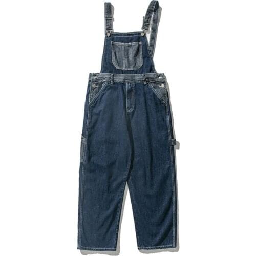 Retro Japan Style Jeans Men Woman Overalls Bib Denim Jumpsuits Stripe Patch Pocket Removable Straight Cargo Pants Blue Trousers